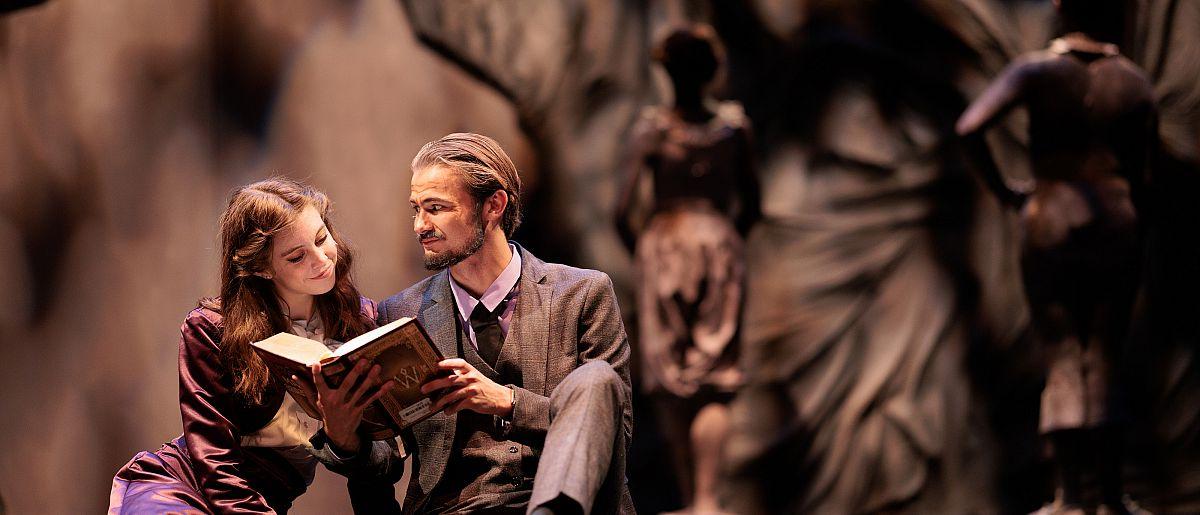 Four students on the stage during the production of Eurydice.